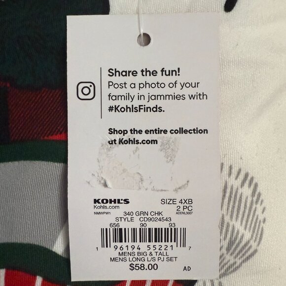 Cuddl Duds Pajamas Papa Bear Jammies Green and Black Check Size 4XB - Picture 5 of 7